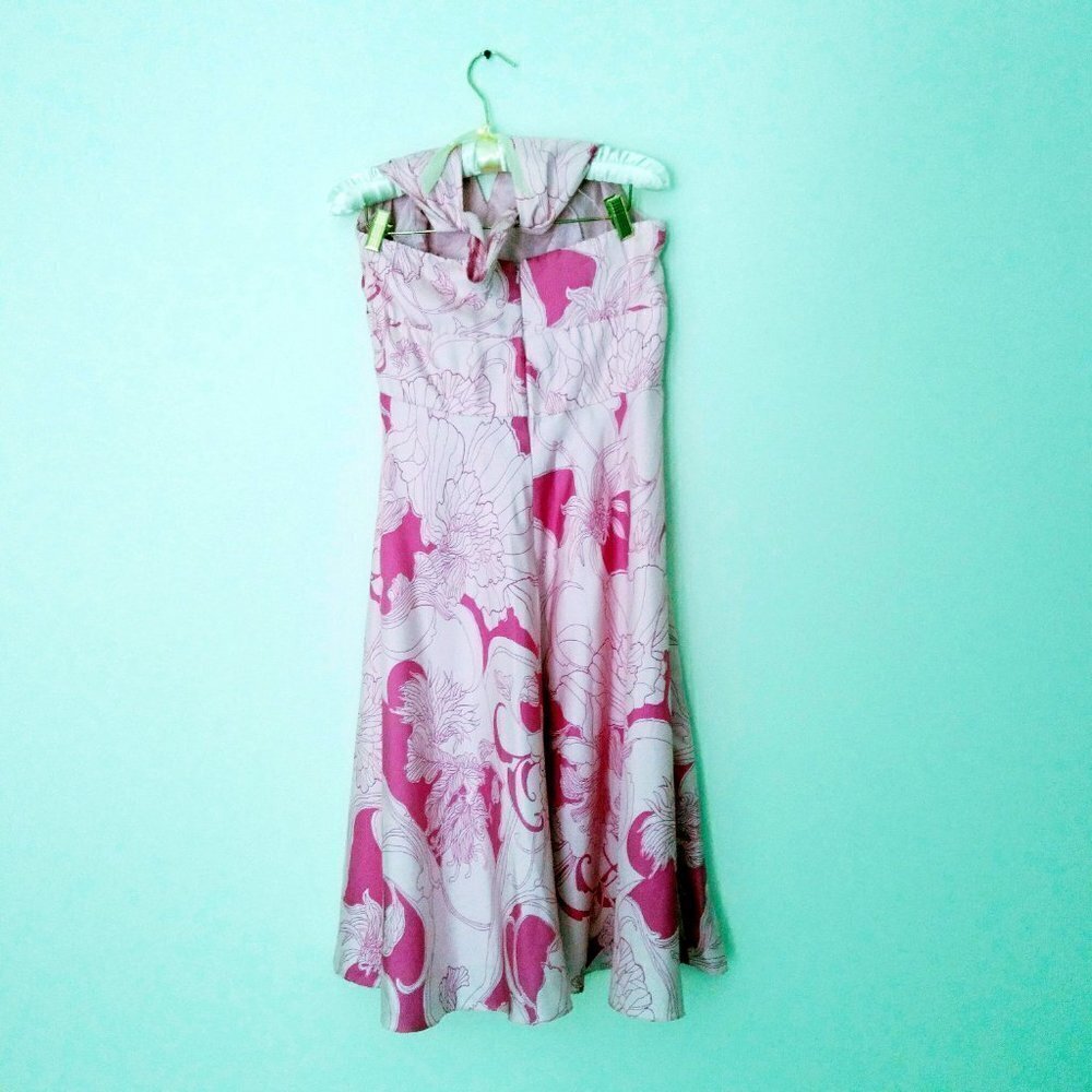 Maggie London Pink on Pink Silk Halter Circle Dress Retro Floral Femme Fun! Sz12 - Picture 3 of 8